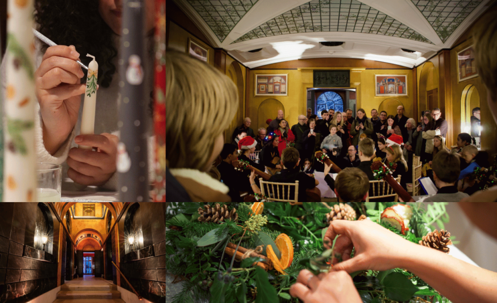 A festive collage featuring candle painting, a Christmas concert, wreath making, and an ornate staircase lit for the holidays.